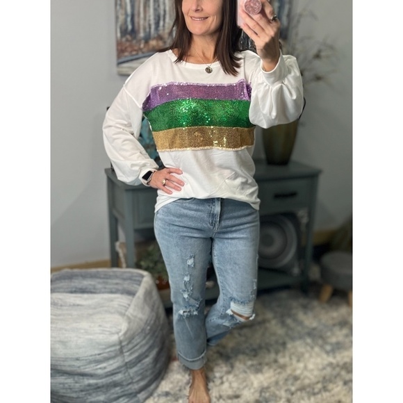 Mardi Gras Sequined Color Block French Terry Purple Green Gold Ivory 1123 - Picture 8 of 11